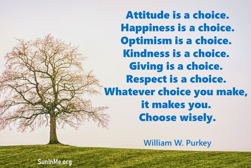 Attitude is a choice. Happiness is a choice. Optimism is a choice. Kindness is a choice. Giving is a choice. Respect is a choice. Whatever choice you make, it makes you. Choose wisely.